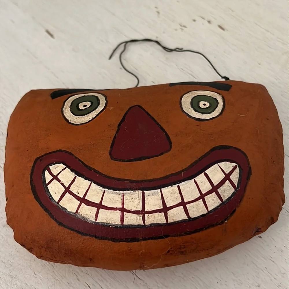 Folk Art Primitive Halloween painted pumpkin wall hanging or ornament 6.5” x 5”